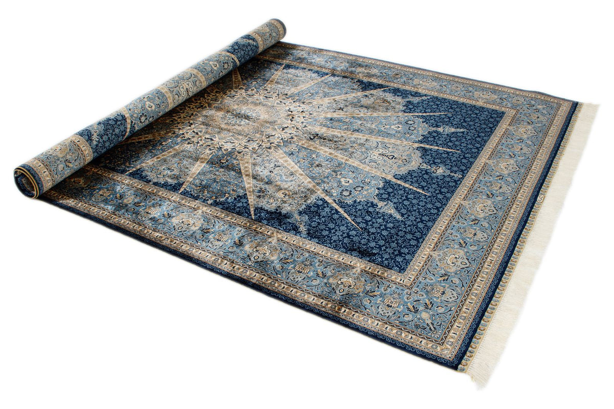 6x9 Blue and Ivory Turkish Silk Rug