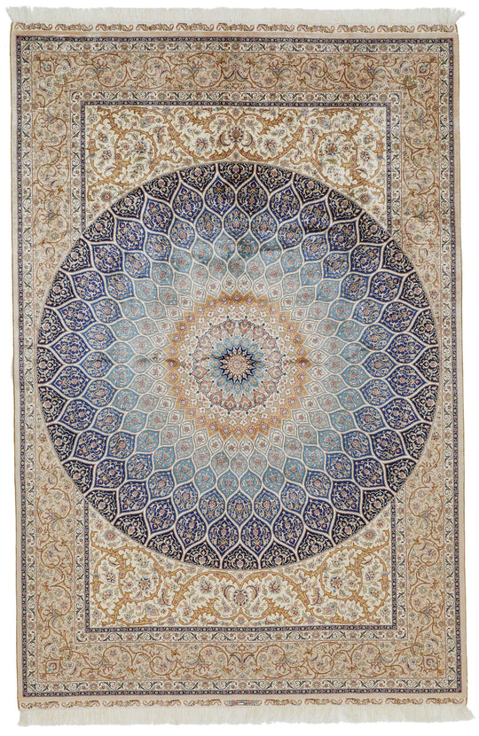 6x9 Ivory and Multicolor Turkish Silk Rug