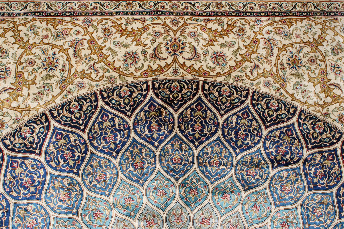 6x9 Ivory and Multicolor Turkish Silk Rug