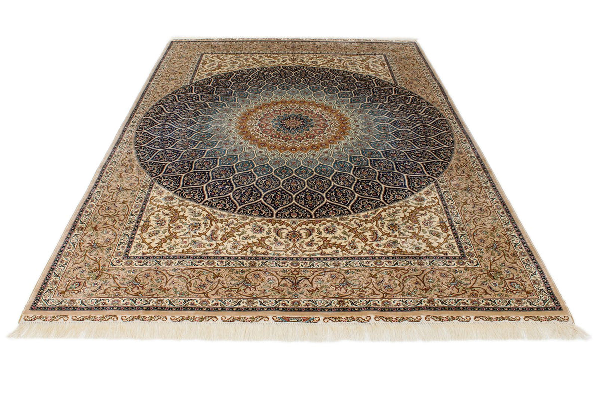 6x9 Ivory and Multicolor Turkish Silk Rug