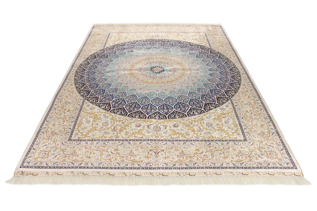 6x9 Ivory and Multicolor Turkish Silk Rug
