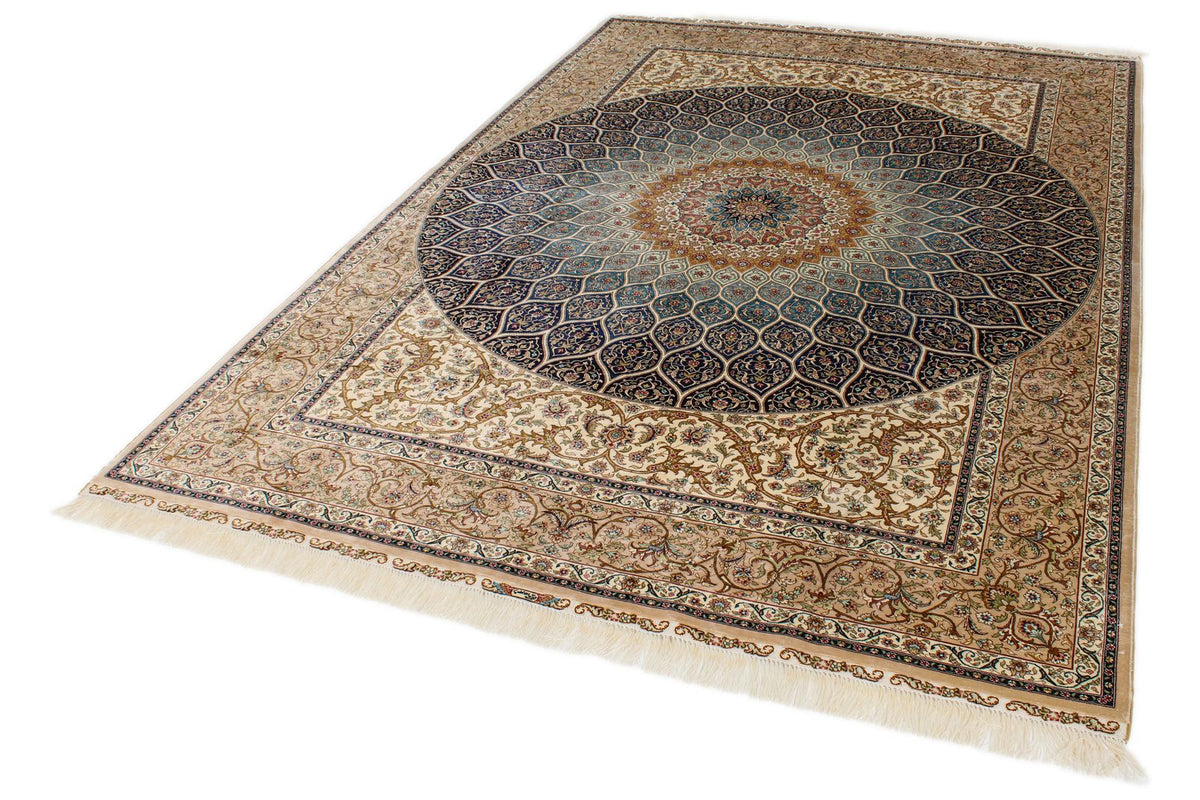 6x9 Ivory and Multicolor Turkish Silk Rug