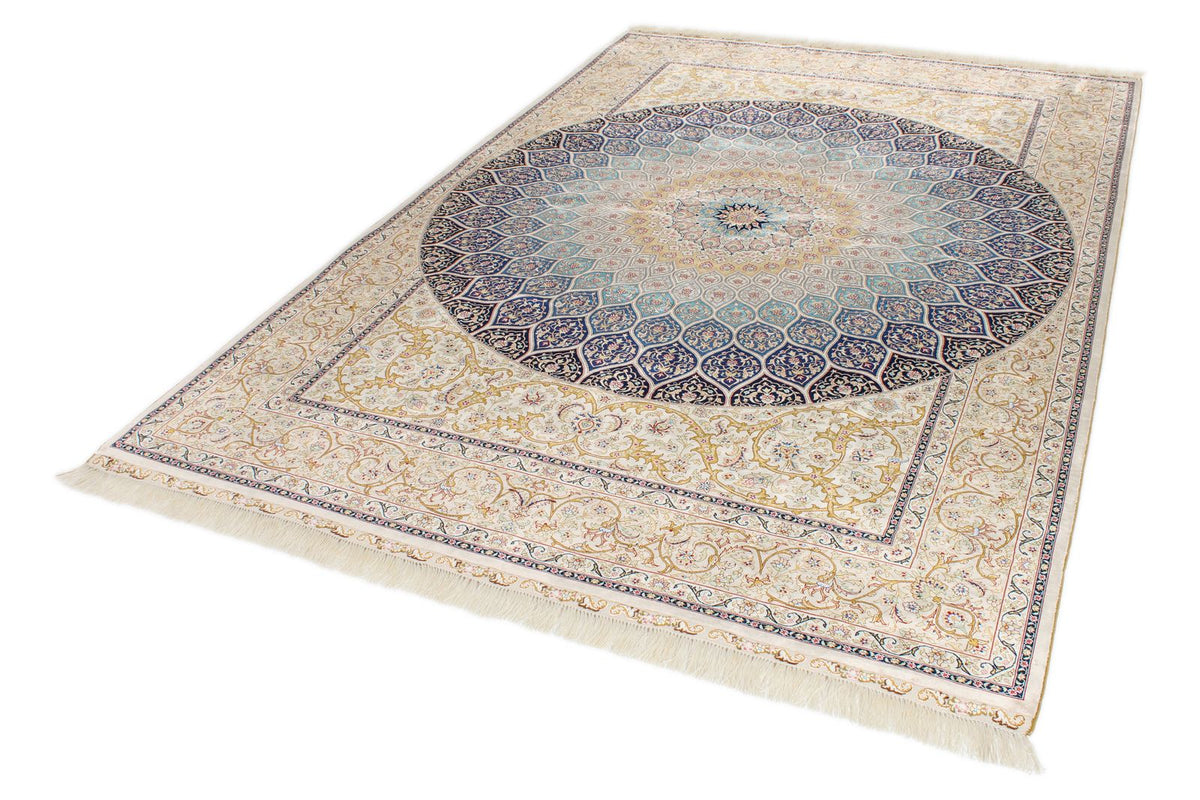 6x9 Ivory and Multicolor Turkish Silk Rug