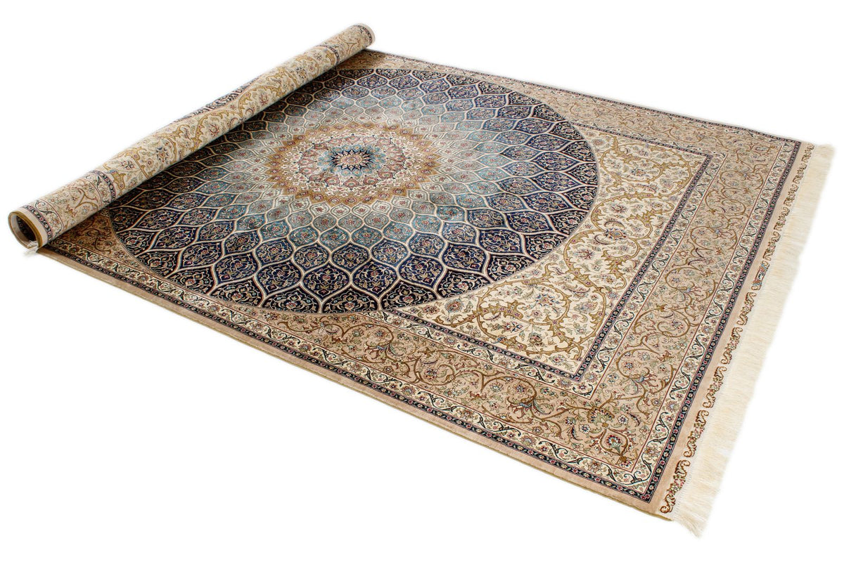 6x9 Ivory and Multicolor Turkish Silk Rug