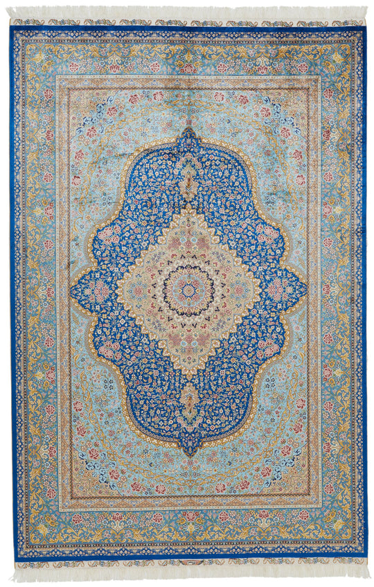 6x9 Blue and Multicolor Turkish Silk Rug