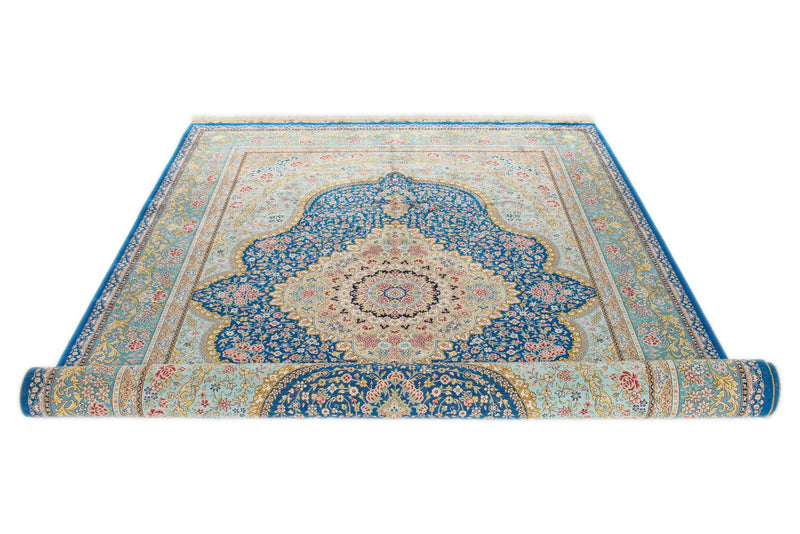 6x9 Blue and Multicolor Turkish Silk Rug