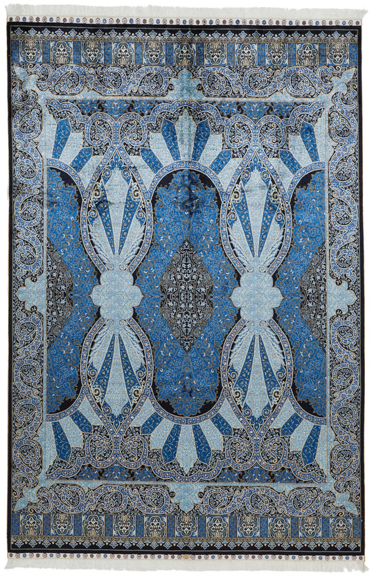 6x9 Blue and Navy Turkish Silk Rug