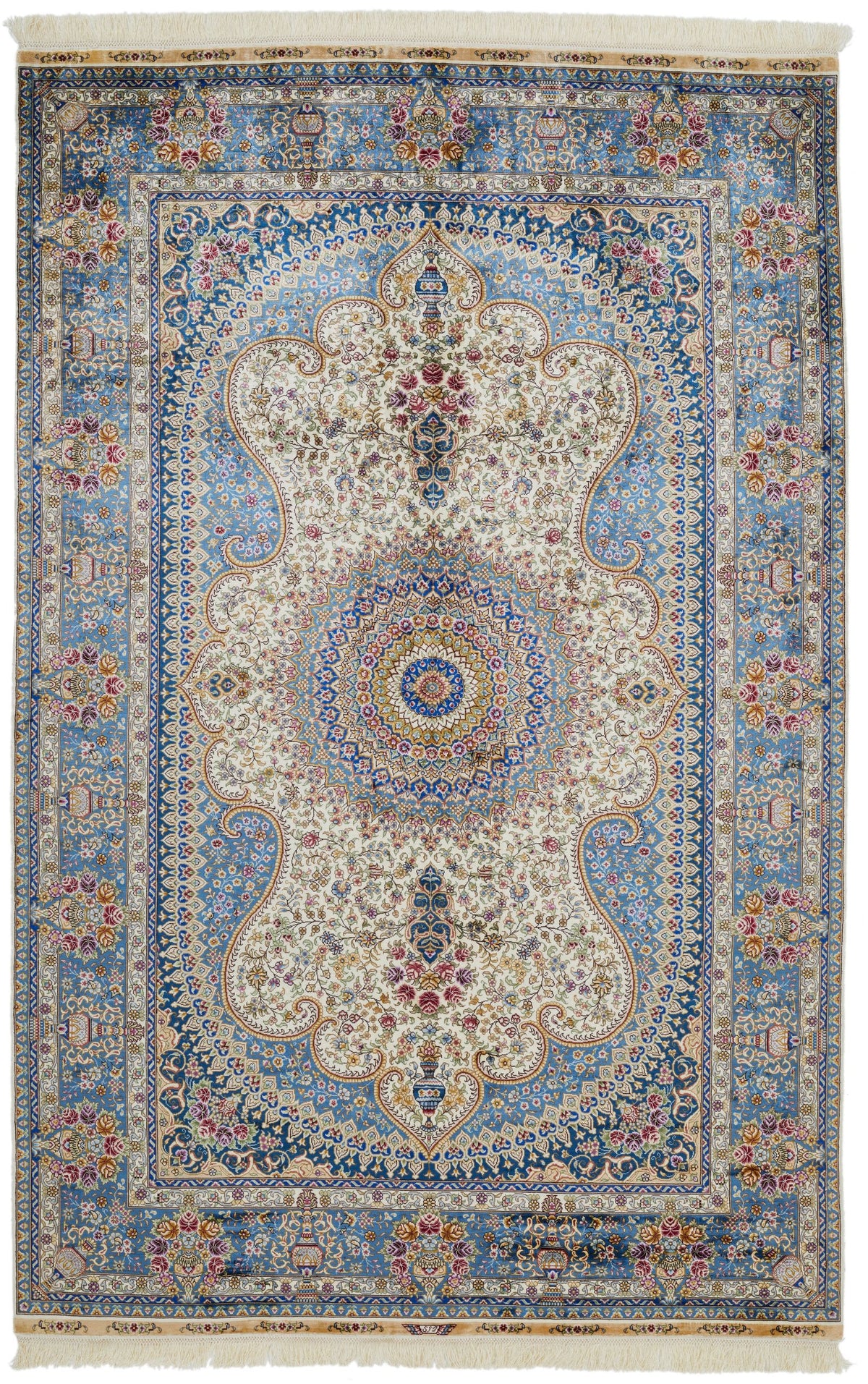 5x8 Blue and Multicolor Turkish Silk Rug