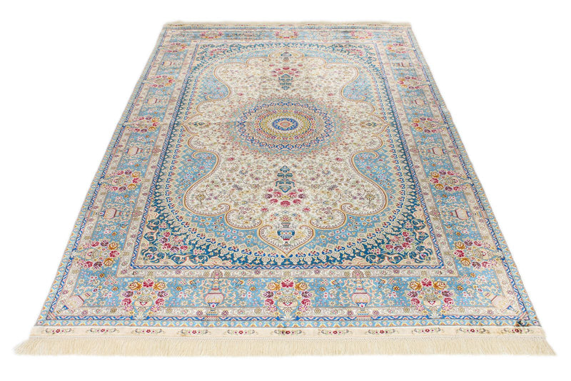 5x8 Blue and Multicolor Turkish Silk Rug