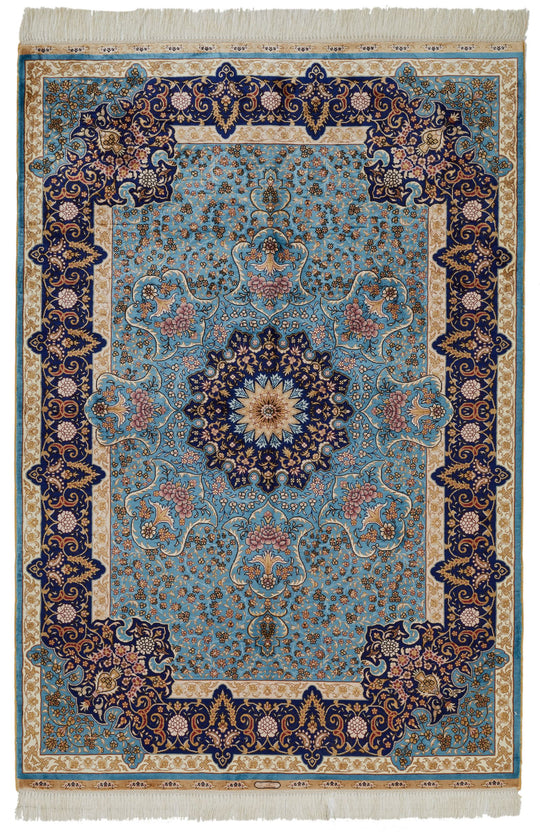 4x6 Navy and Blue Turkish Silk Rug