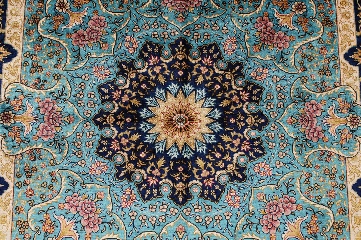 4x6 Navy and Blue Turkish Silk Rug