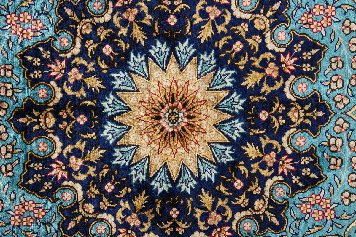 4x6 Navy and Blue Turkish Silk Rug
