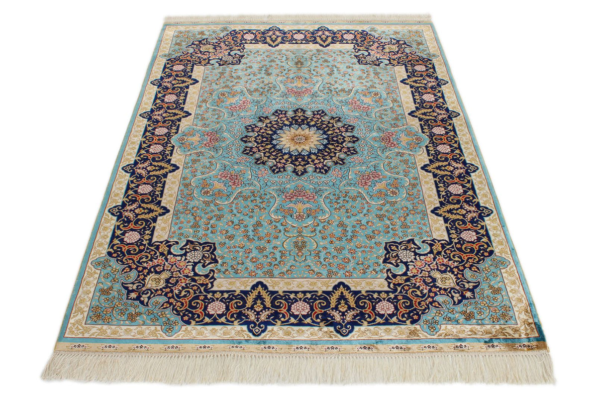 4x6 Navy and Blue Turkish Silk Rug