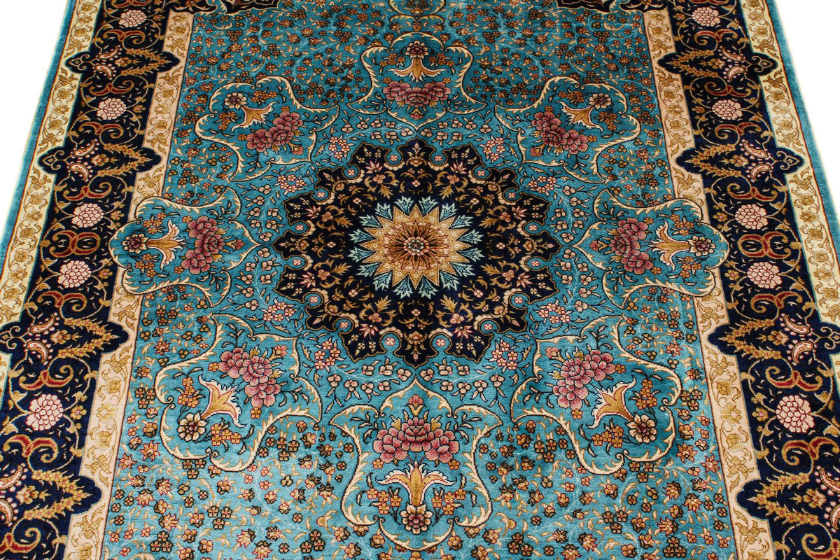 4x6 Navy and Blue Turkish Silk Rug