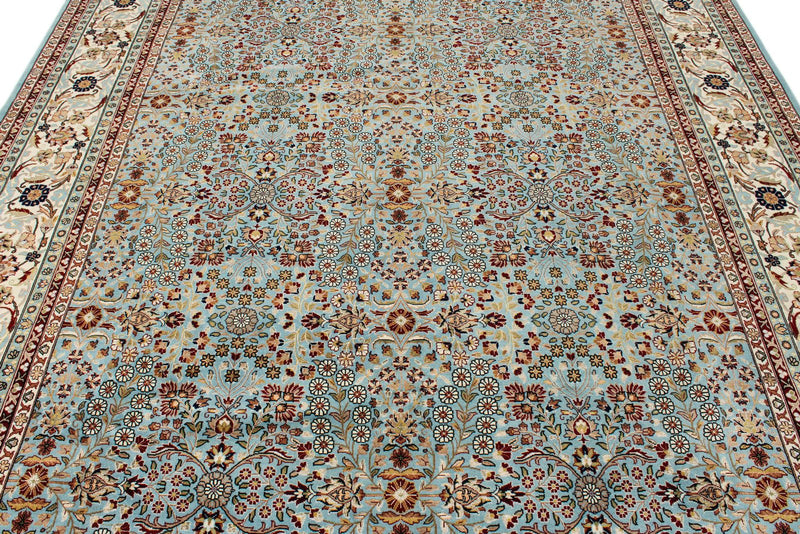 8x10 Blue and Ivory Turkish Silk Rug