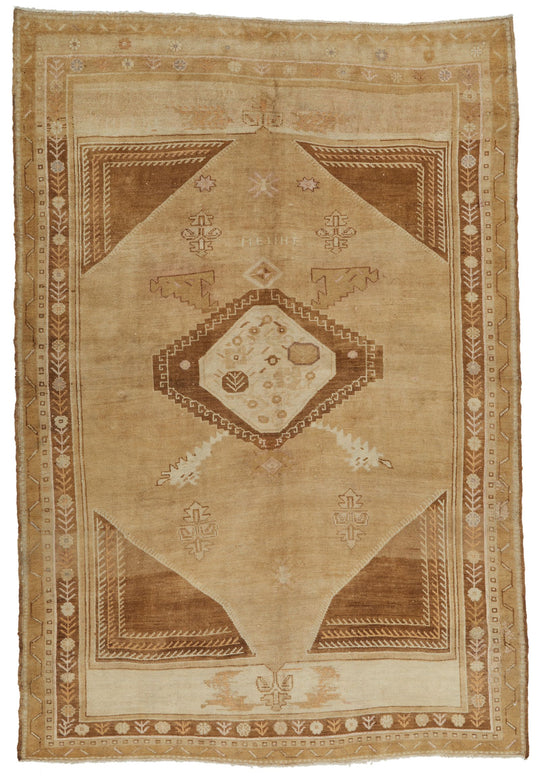 7x11 Ivory and Brown Turkish Tribal Rug