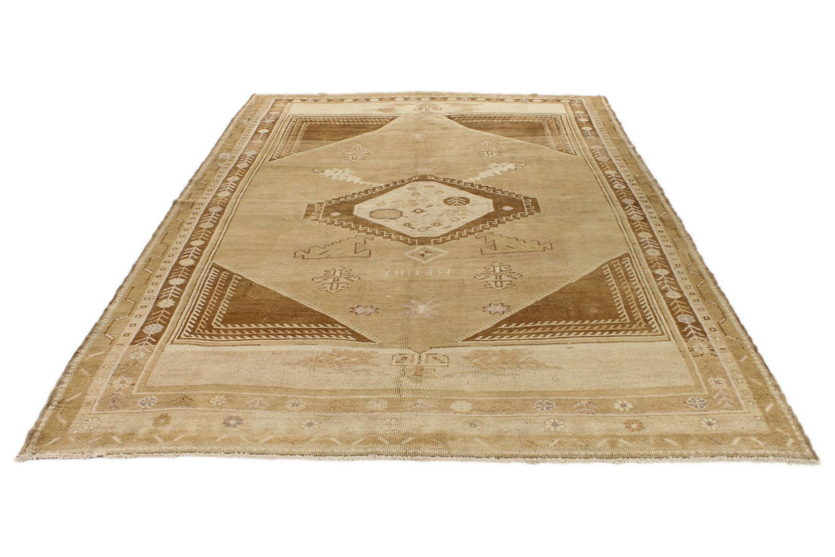 7x11 Ivory and Brown Turkish Tribal Rug