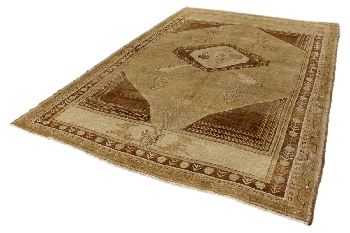7x11 Ivory and Brown Turkish Tribal Rug