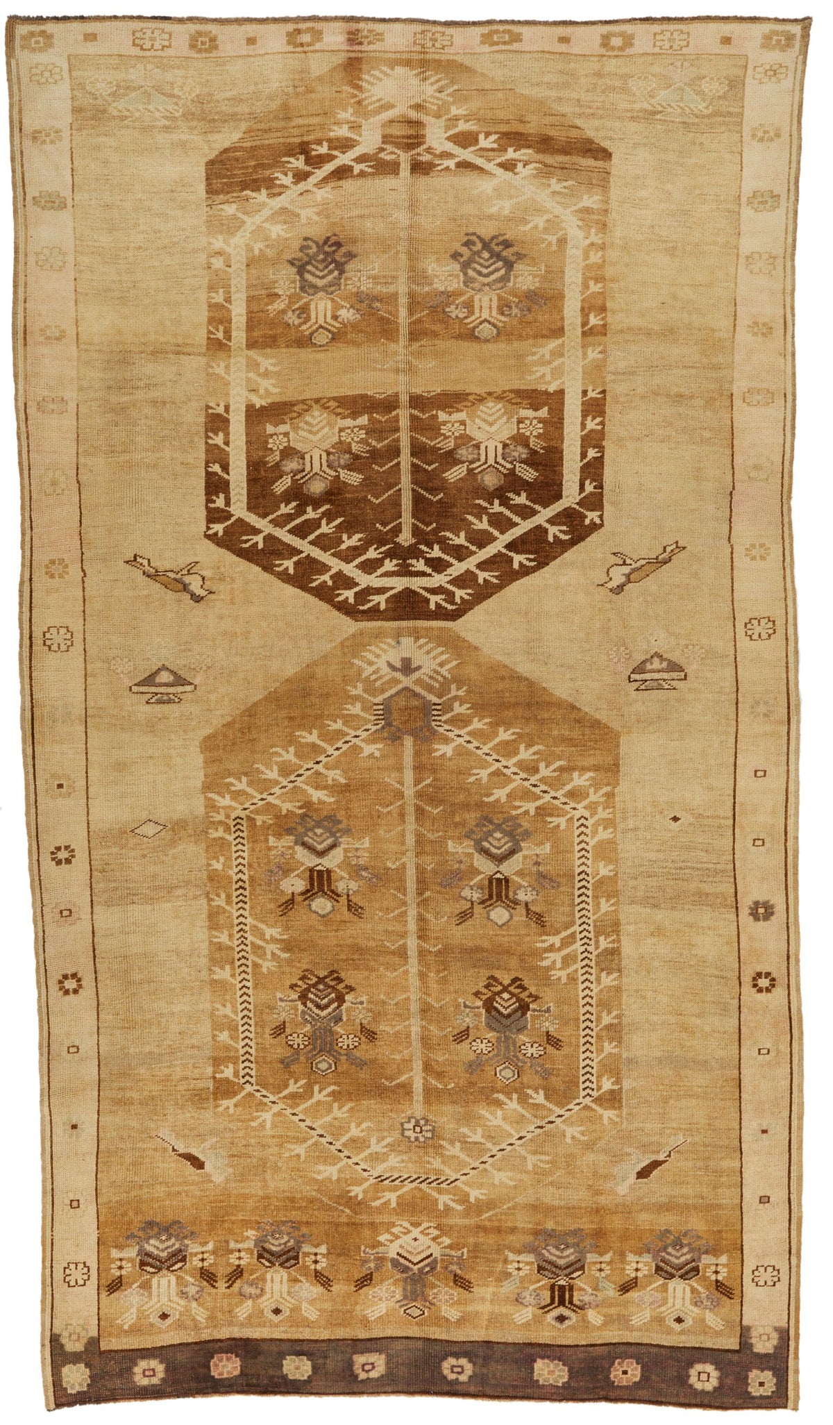 7x13 Ivory and Brown Turkish Tribal Rug