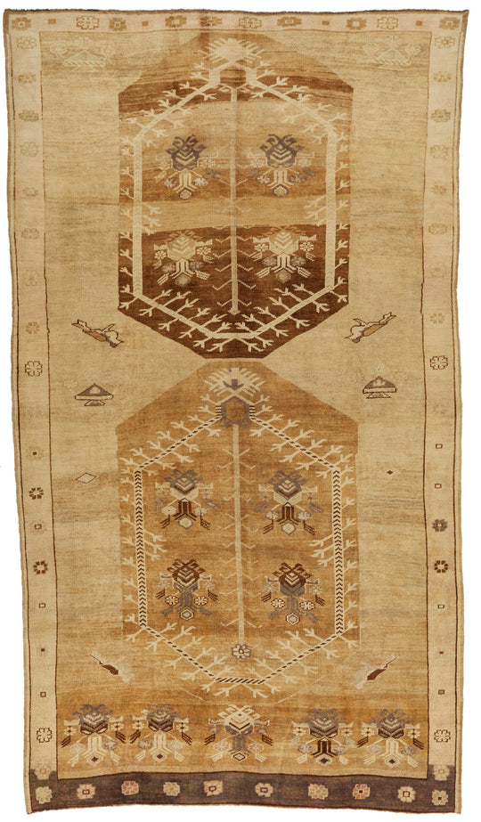 7x13 Ivory and Brown Turkish Tribal Rug