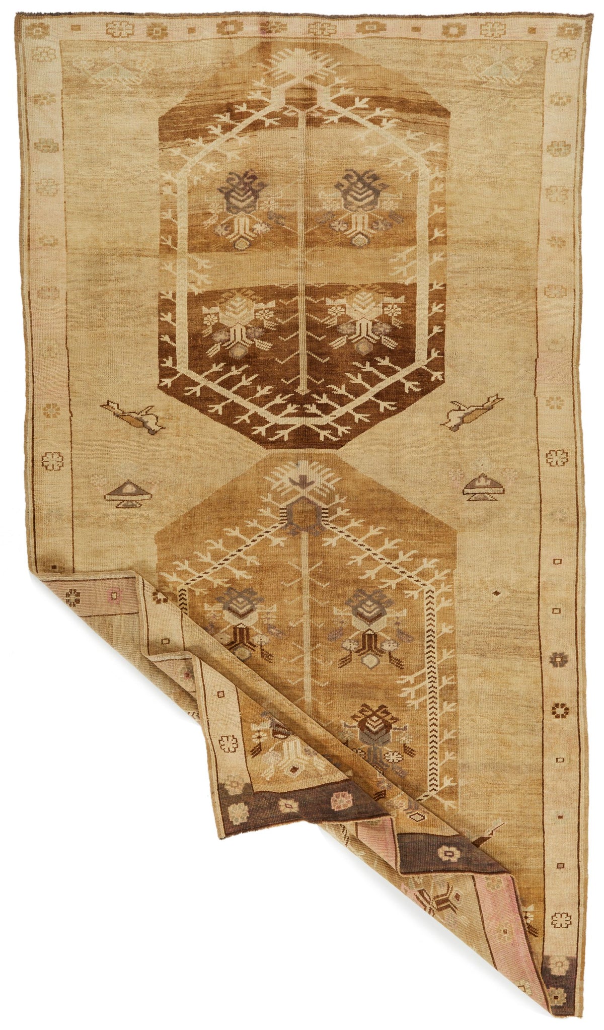 7x13 Ivory and Brown Turkish Tribal Rug