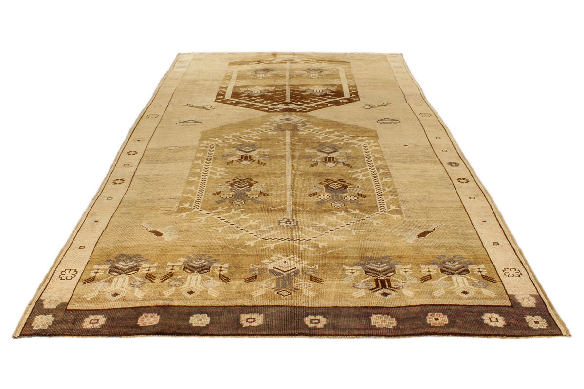 7x13 Ivory and Brown Turkish Tribal Rug