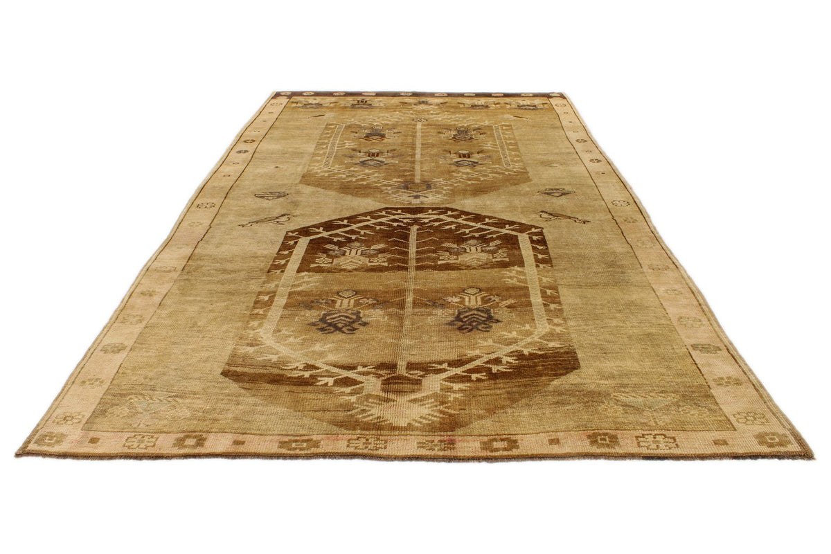 7x13 Ivory and Brown Turkish Tribal Rug