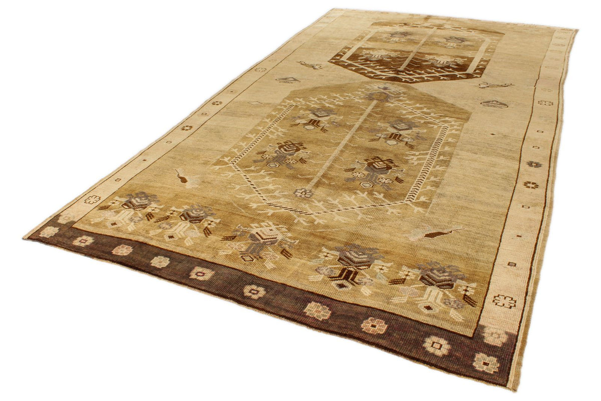 7x13 Ivory and Brown Turkish Tribal Rug
