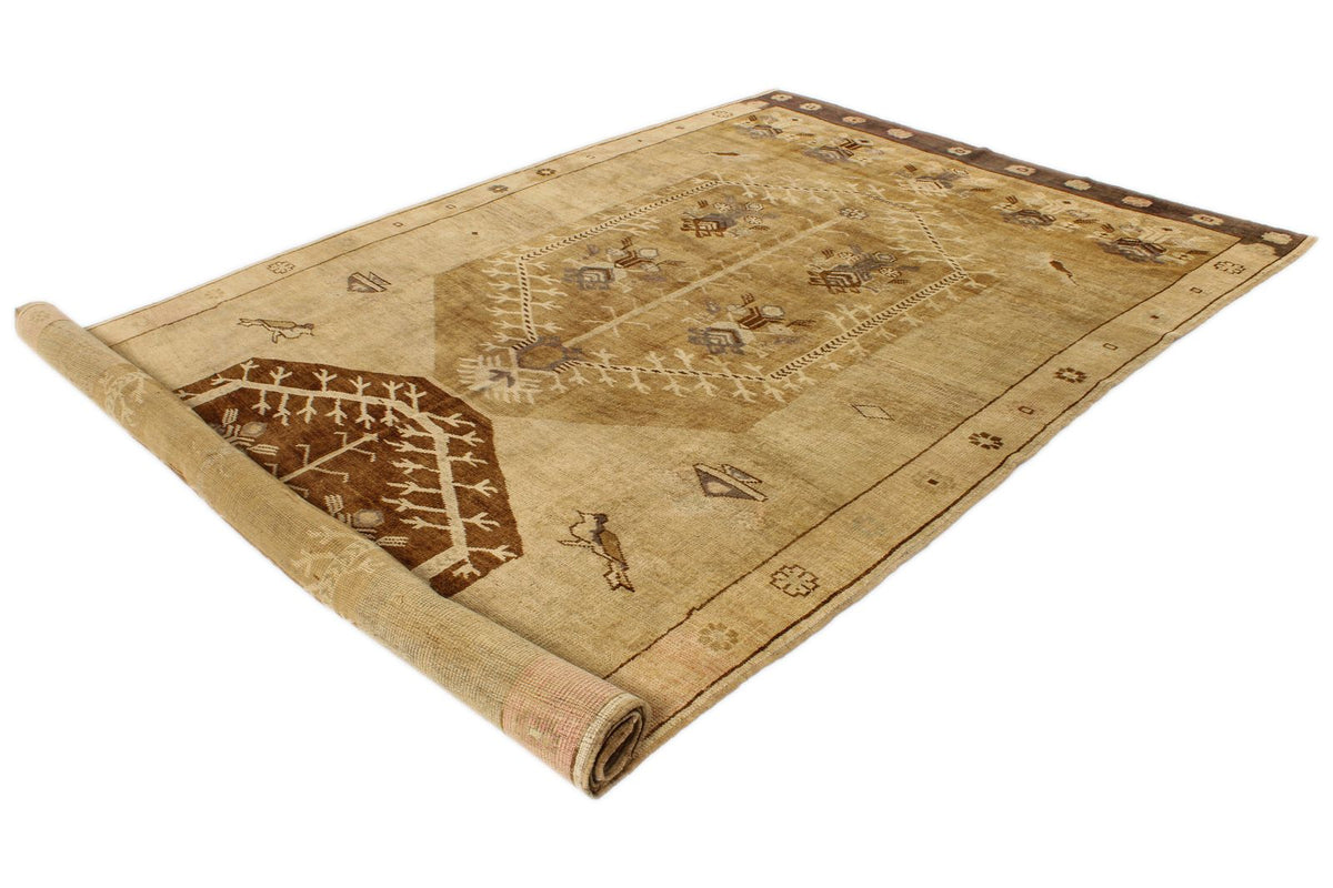 7x13 Ivory and Brown Turkish Tribal Rug