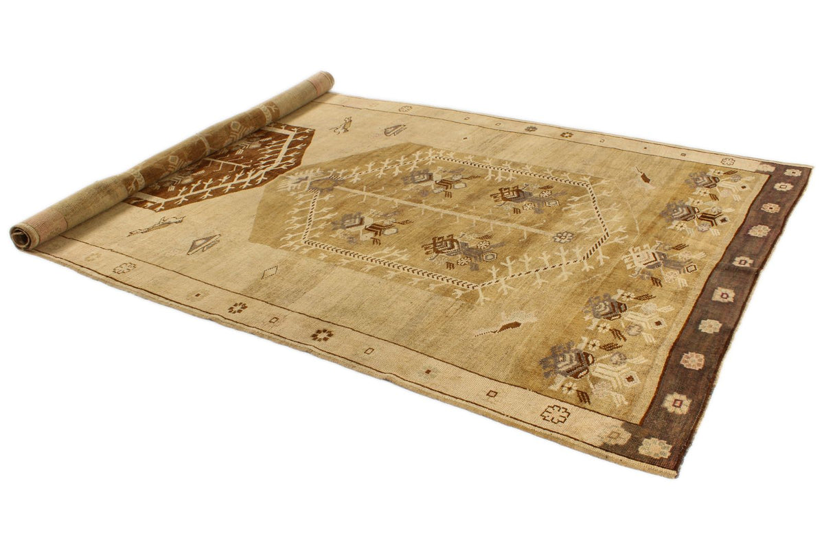 7x13 Ivory and Brown Turkish Tribal Rug