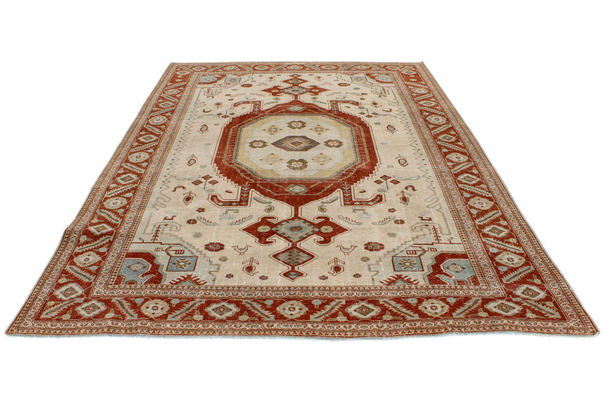 7x10 Ivory and Rust Persian Tribal Rug