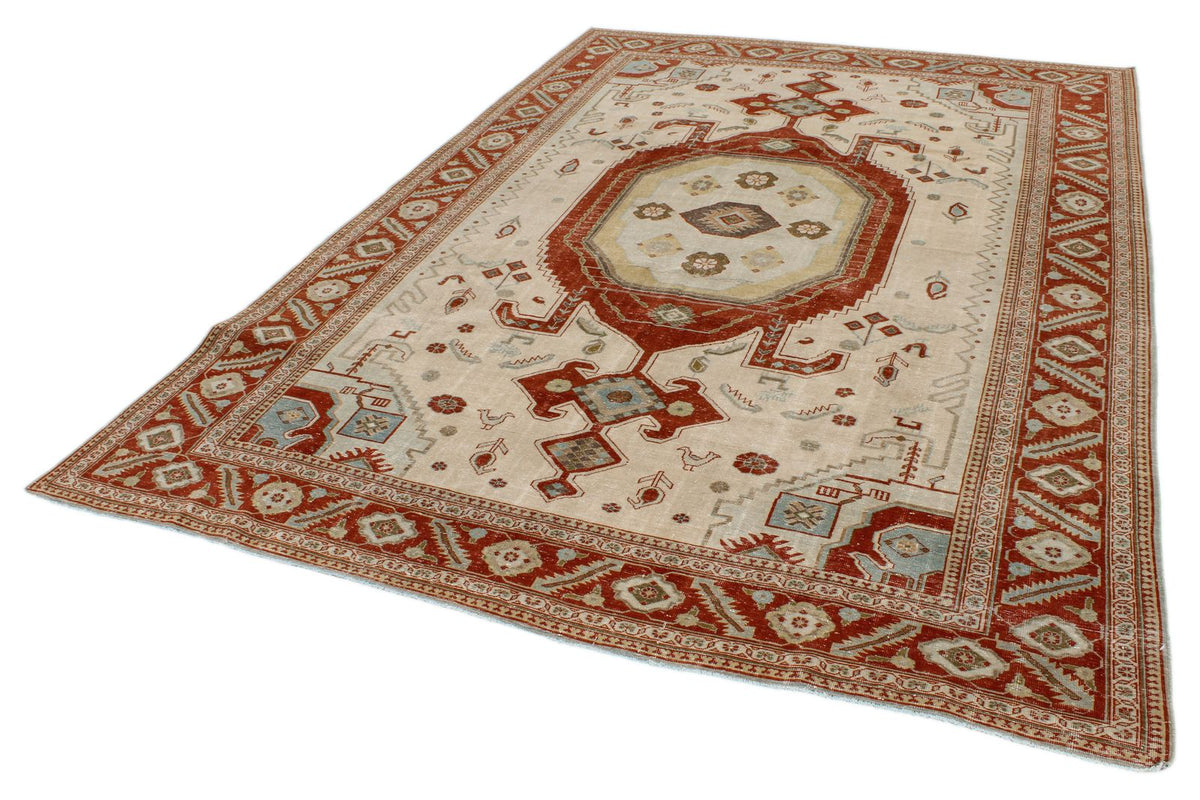7x10 Ivory and Rust Persian Tribal Rug
