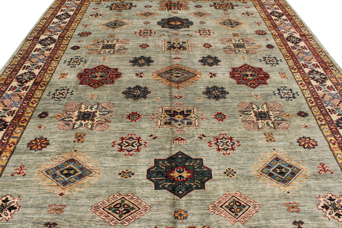 9x12 Gray and Multicolor Kazak Tribal Rug