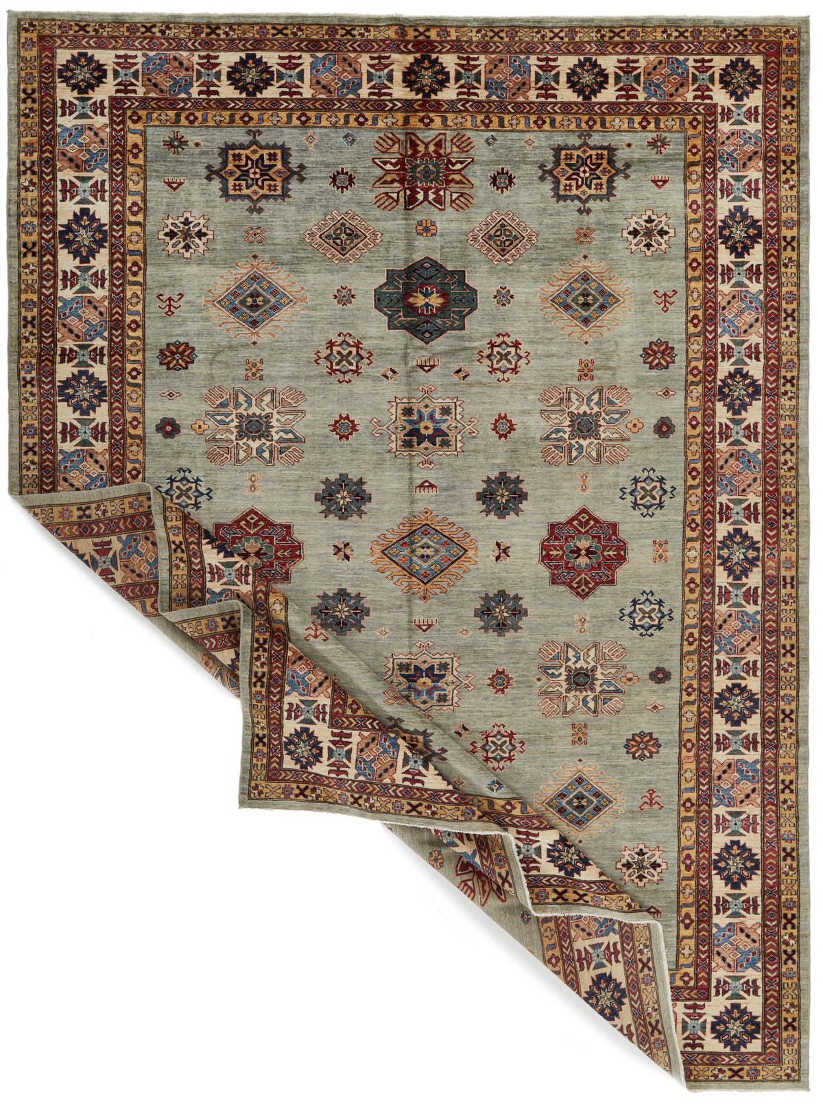 9x12 Gray and Multicolor Kazak Tribal Rug