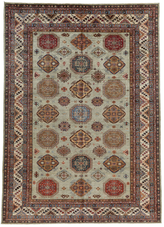 9x12 Gray and Multicolor Kazak Tribal Rug