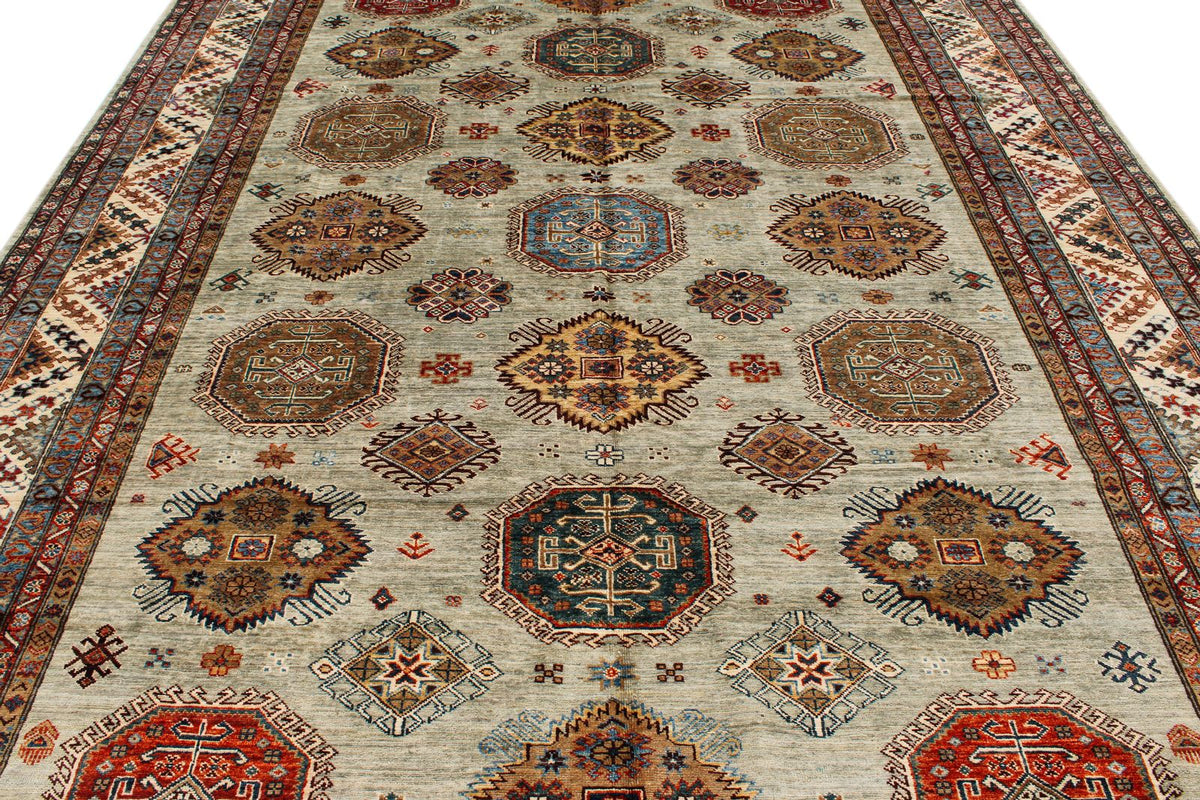 9x12 Gray and Multicolor Kazak Tribal Rug