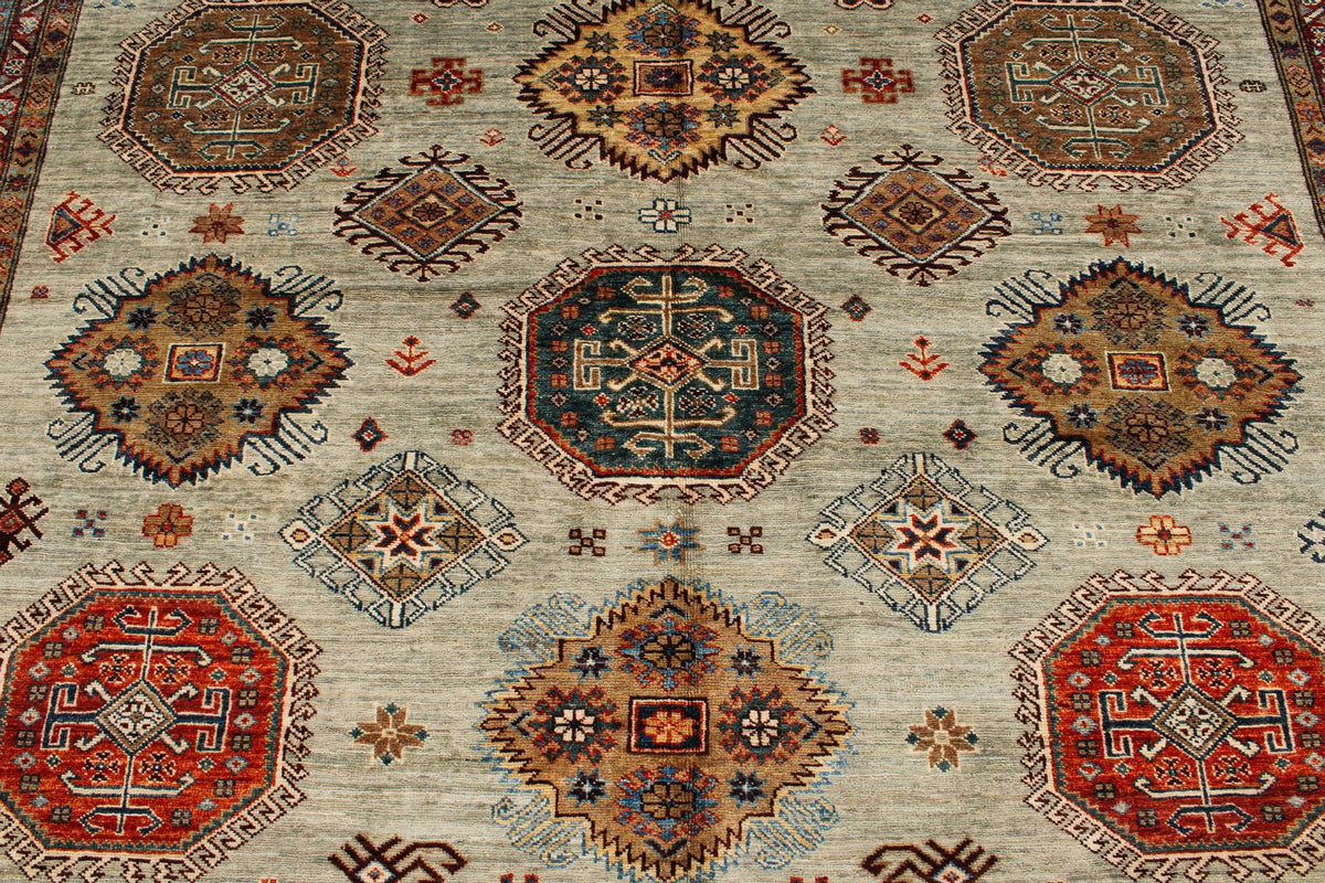 9x12 Gray and Multicolor Kazak Tribal Rug