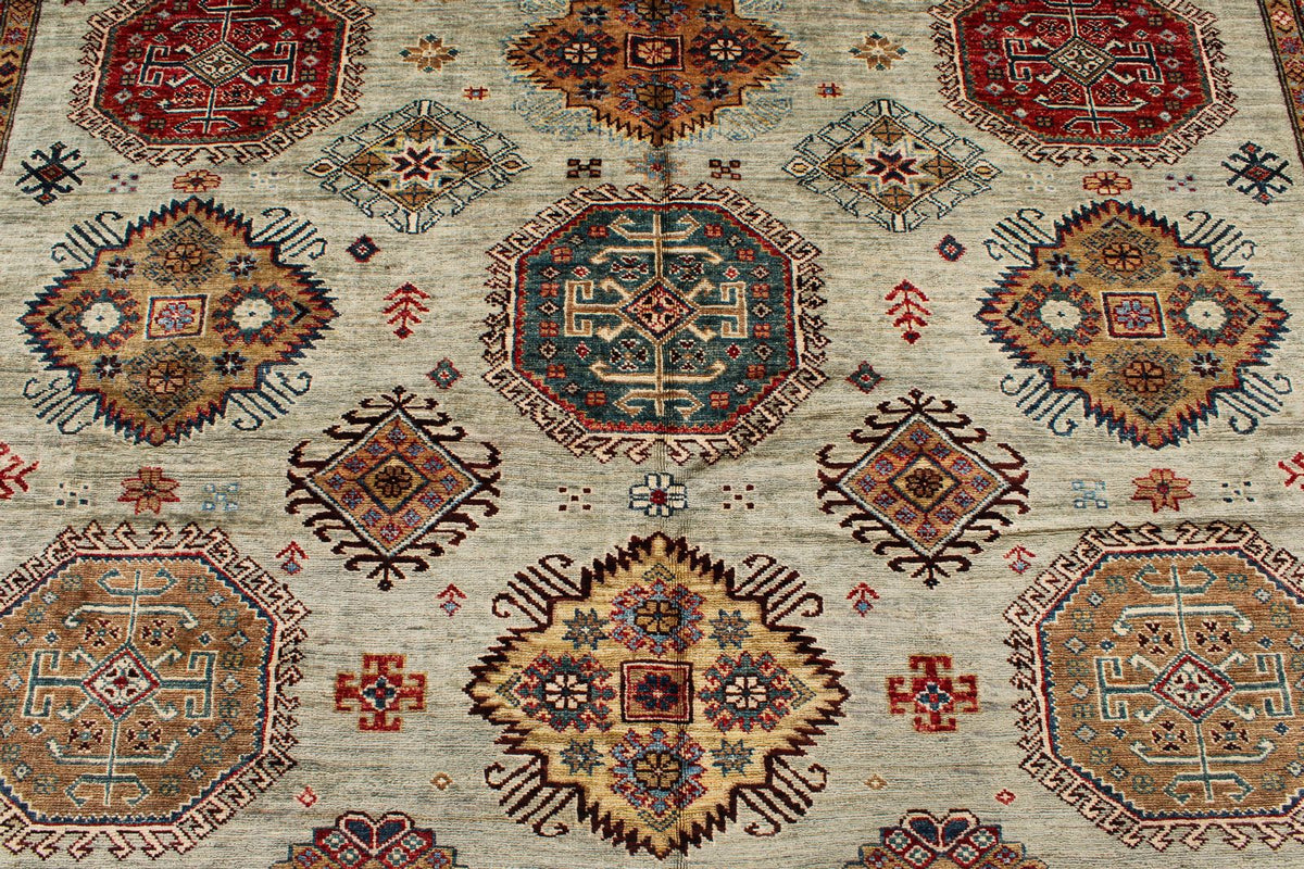 9x12 Gray and Multicolor Kazak Tribal Rug