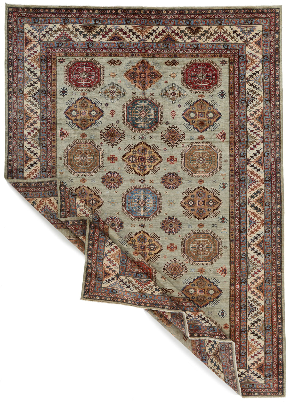 9x12 Gray and Multicolor Kazak Tribal Rug