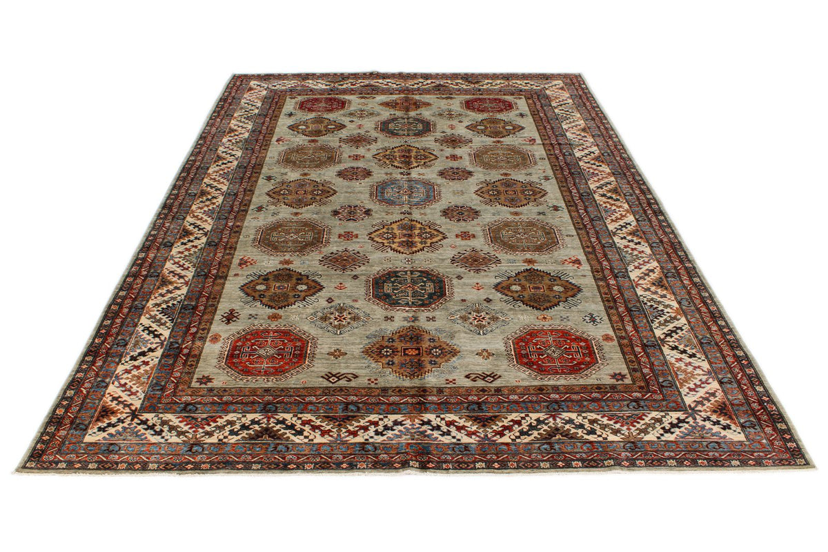9x12 Gray and Multicolor Kazak Tribal Rug