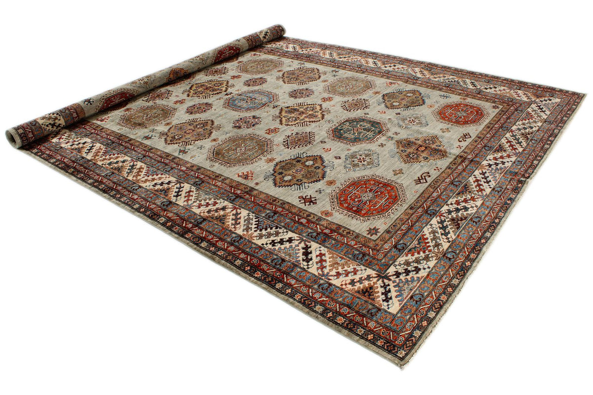 9x12 Gray and Multicolor Kazak Tribal Rug