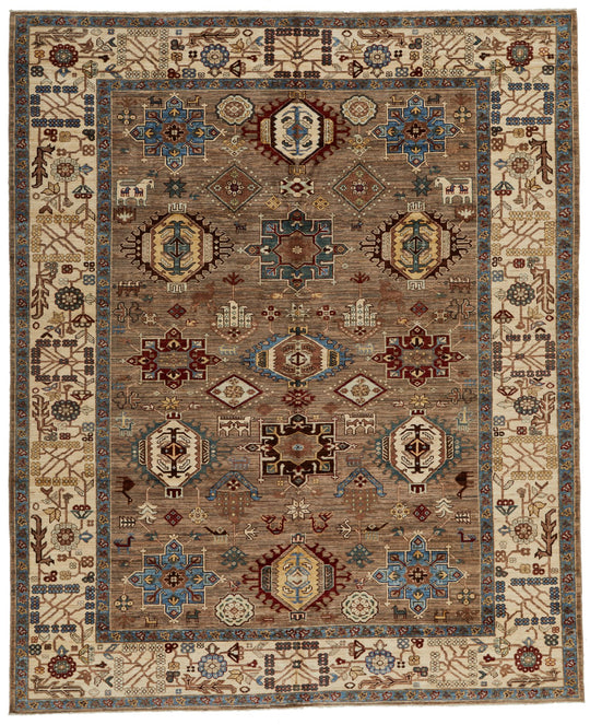 8x10 Ivory and Brown Kazak Tribal Rug