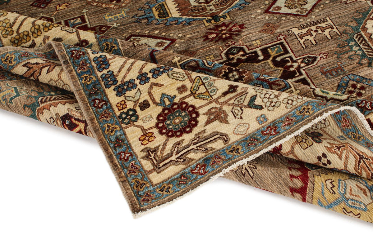 8x10 Ivory and Brown Kazak Tribal Rug