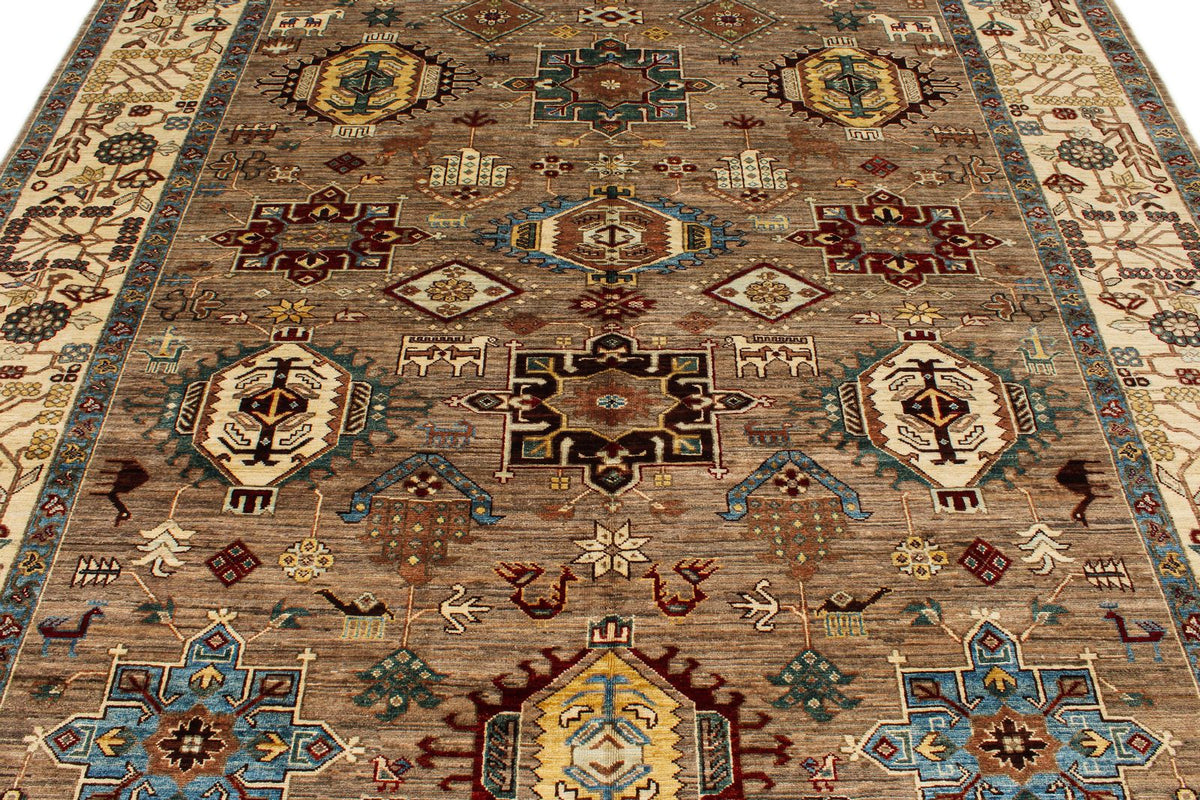 8x10 Ivory and Brown Kazak Tribal Rug