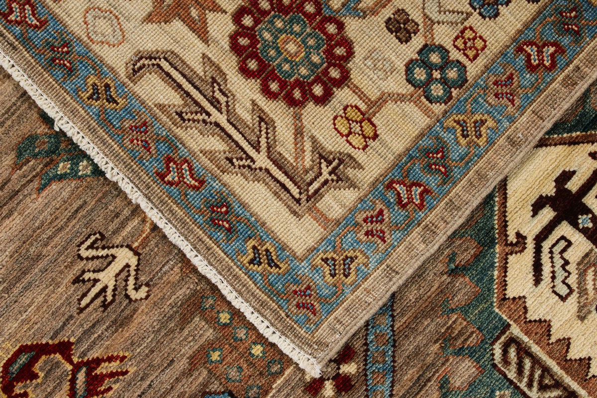 8x10 Ivory and Brown Kazak Tribal Rug