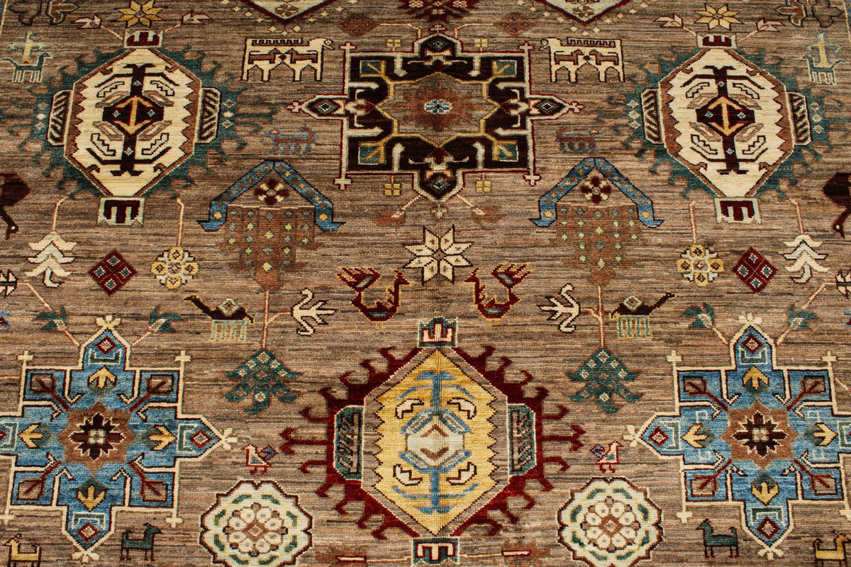 8x10 Ivory and Brown Kazak Tribal Rug