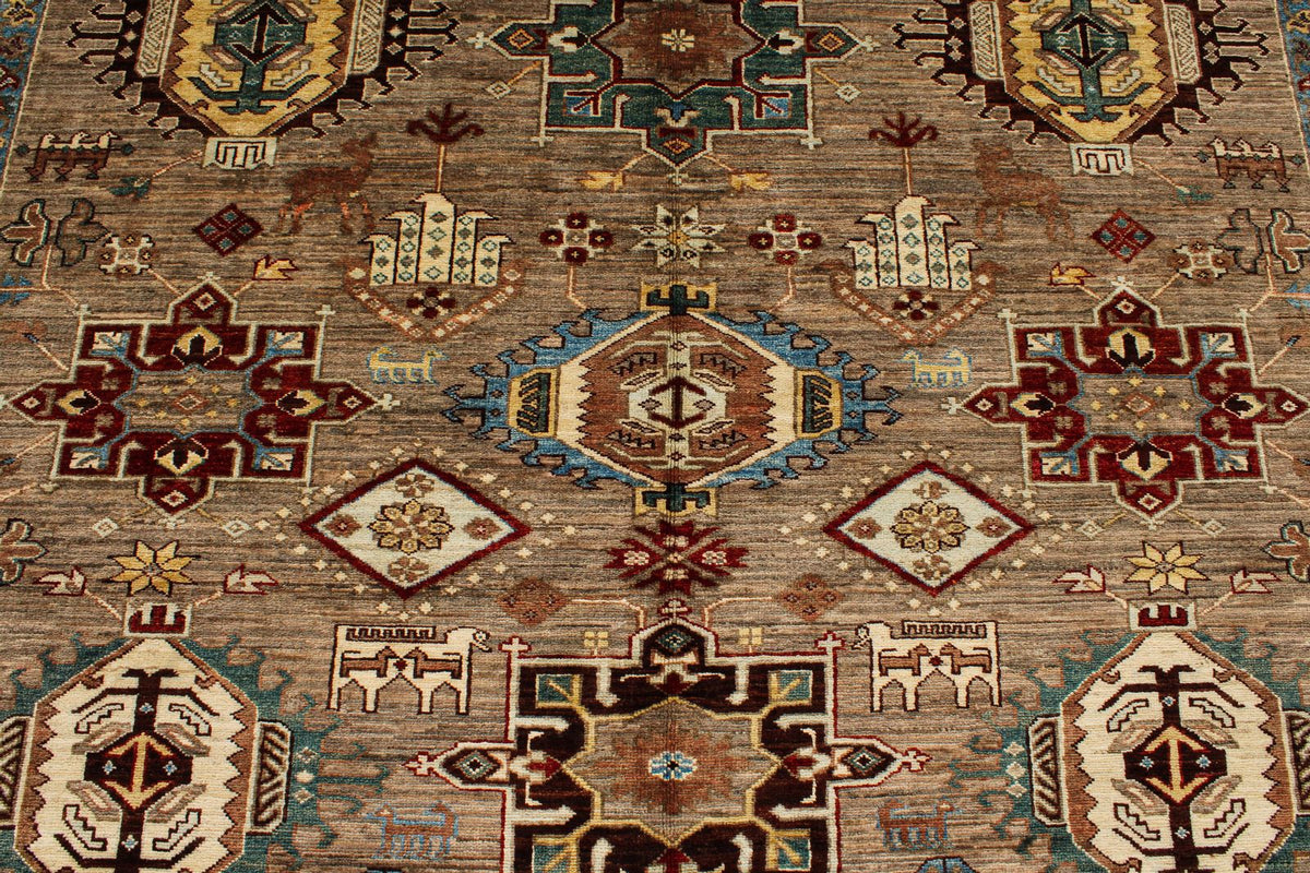 8x10 Ivory and Brown Kazak Tribal Rug
