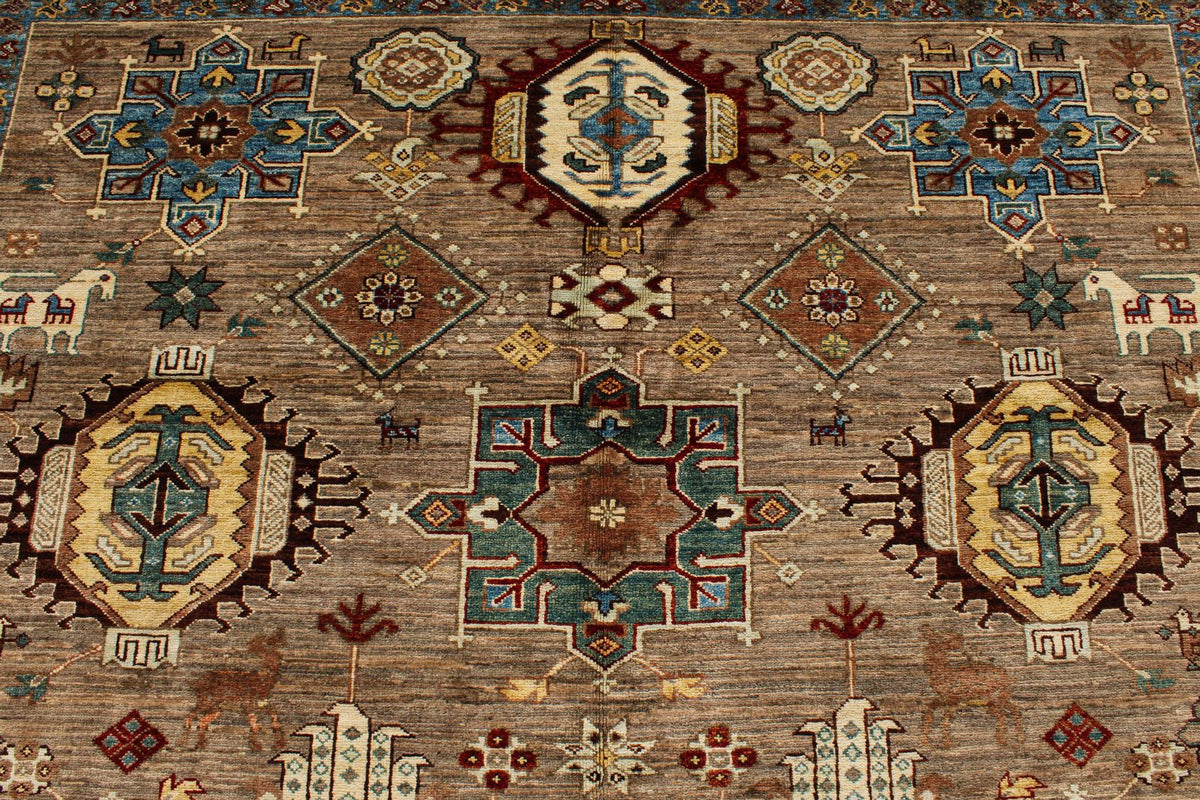 8x10 Ivory and Brown Kazak Tribal Rug