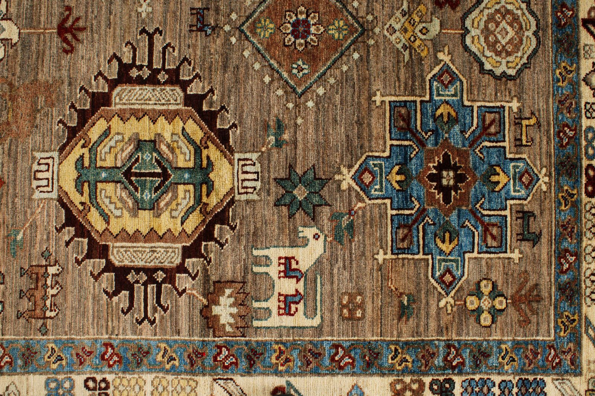 8x10 Ivory and Brown Kazak Tribal Rug