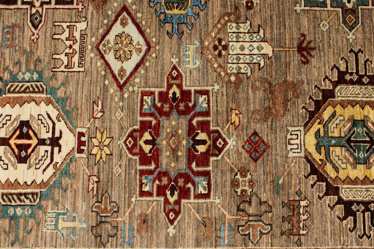 8x10 Ivory and Brown Kazak Tribal Rug